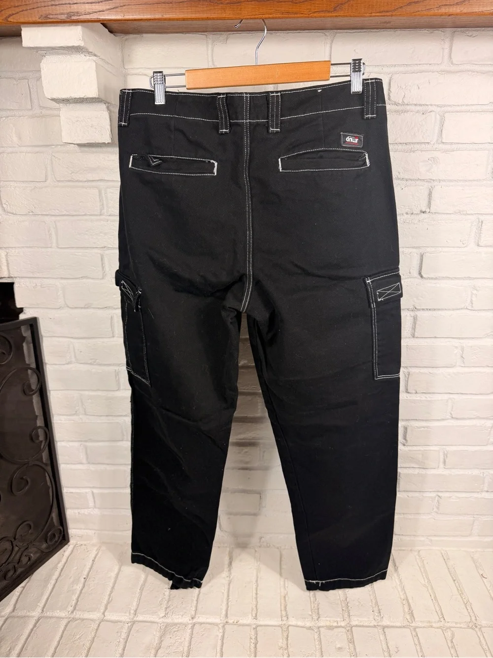 Zara Black Contrast Stitch Cargo Carpenter Pants Wide Leg Utility 34‎